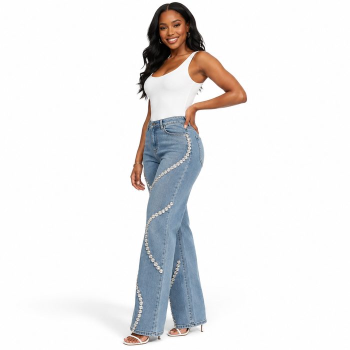 Women's rhinestone straight-leg jeans in blue cotton denim with mid-rise style, full length, medium thickness and no stretch.
