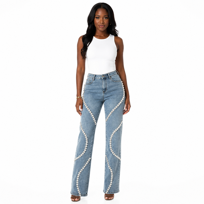 Blue rhinestone jeans for women in a loose straight-leg shape, featuring mid-rise styling, cotton denim and medium thickness.