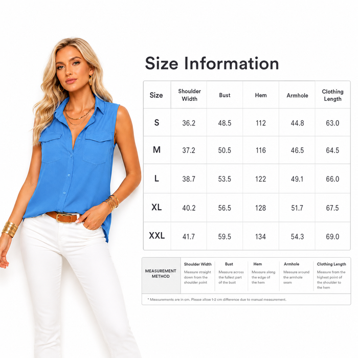Woman wearing a blue sleeveless top and white pants with size information chart on a white background
