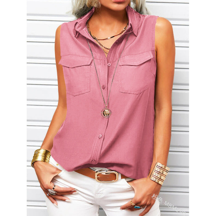 Person wearing a pink sleeveless button-up shirt with white pants against a white background