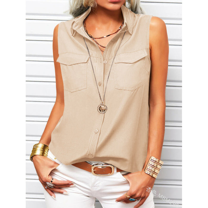 Woman wearing a beige sleeveless shirt with white pants against a white background