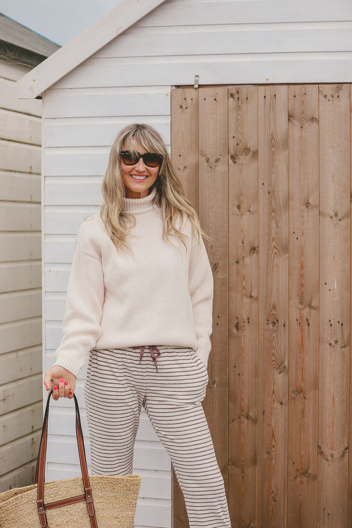 Womens Striped Towelling Wide Leg Jogging Bottoms | Chocolate & Cream