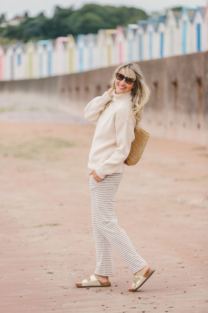 Womens Striped Towelling Wide Leg Jogging Bottoms | Chocolate & Cream