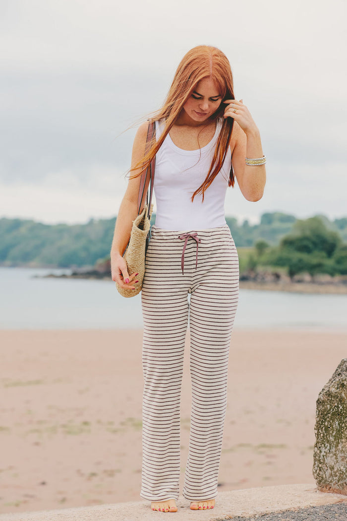 Womens Striped Towelling Wide Leg Jogging Bottoms | Chocolate & Cream