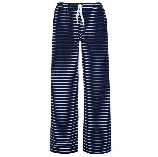Womens Striped Towelling Wide Leg Jogging Bottoms | Navy & White