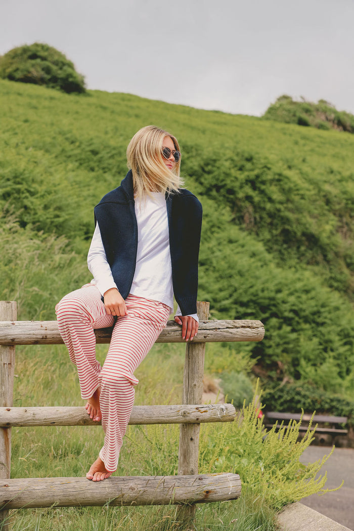 Womens Striped Towelling Wide Leg Jogging Bottoms | Strawberries & Cream