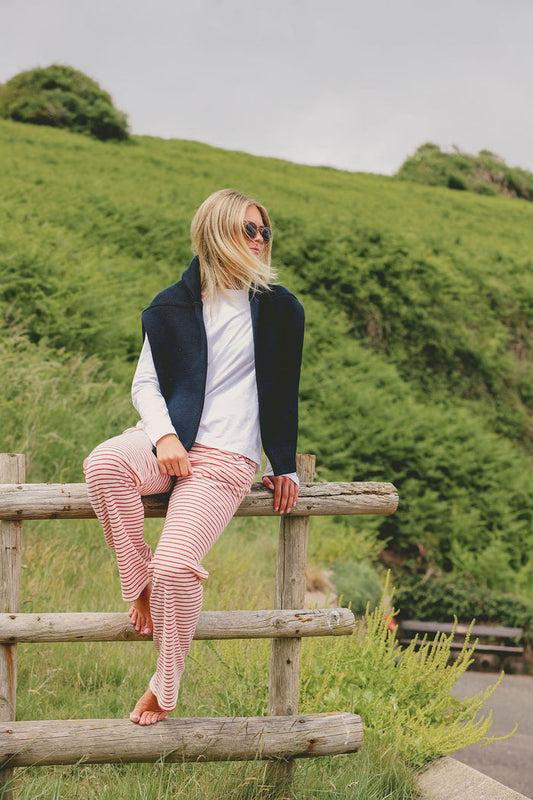 Womens Striped Towelling Wide Leg Jogging Bottoms | Strawberries & Cream
