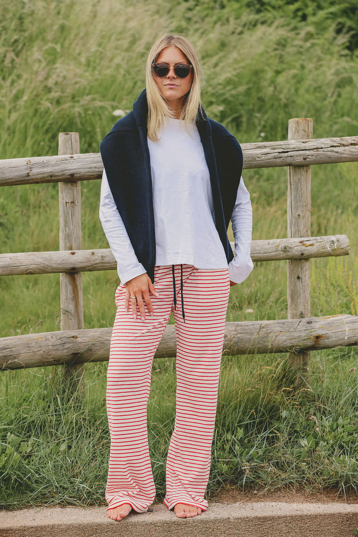 Womens Striped Towelling Wide Leg Jogging Bottoms | Strawberries & Cream