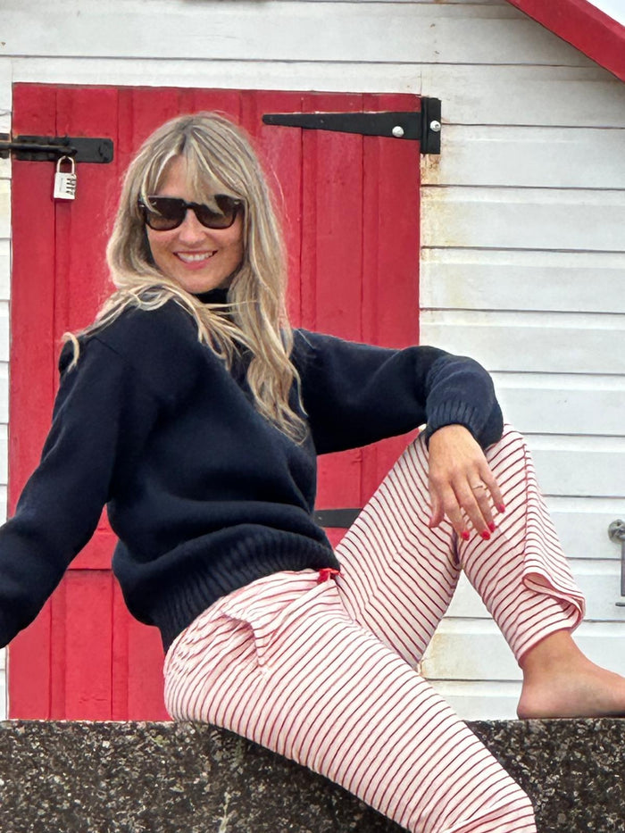 Womens Striped Towelling Wide Leg Jogging Bottoms | Strawberries & Cream