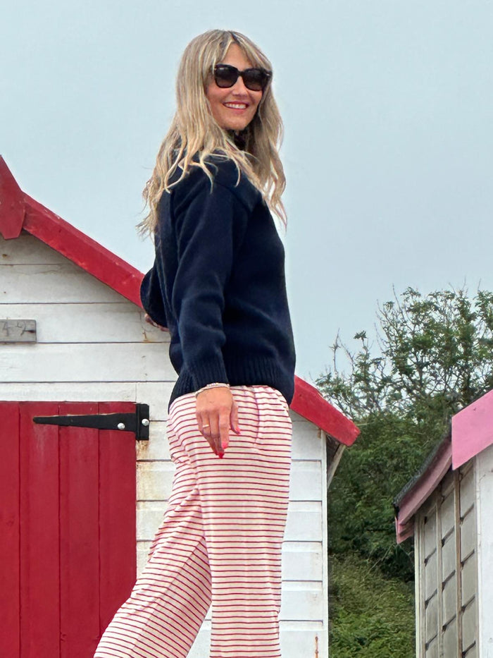 Womens Striped Towelling Wide Leg Jogging Bottoms | Strawberries & Cream