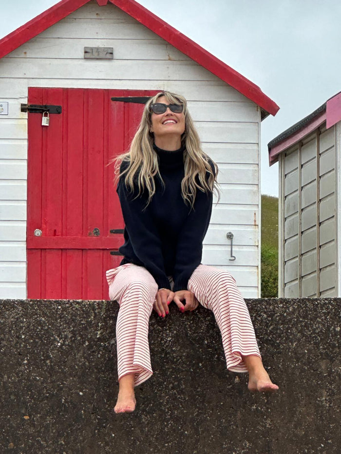 Womens Striped Towelling Wide Leg Jogging Bottoms | Strawberries & Cream
