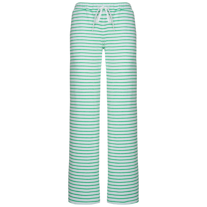 Womens Striped Towelling Wide Leg Jogging Bottoms | White & Apple
