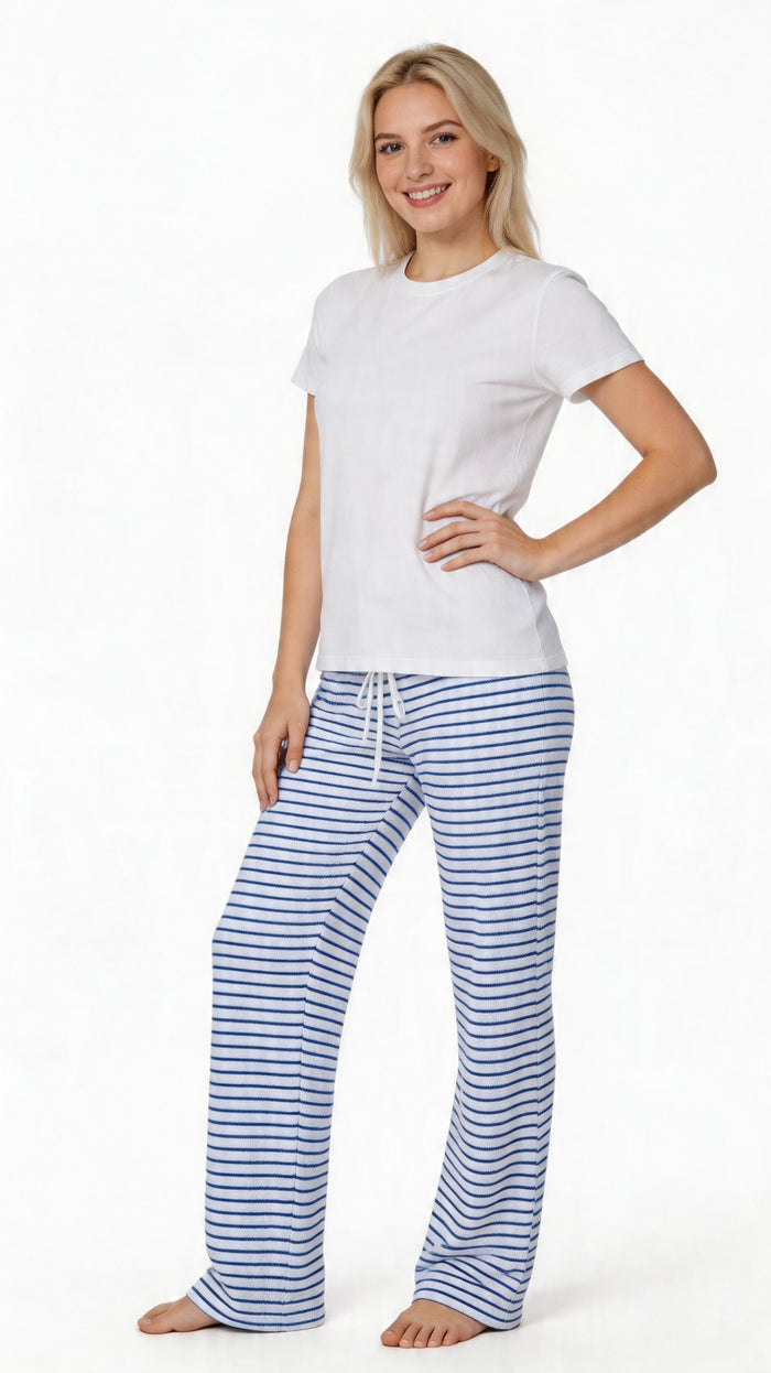 Womens Striped Towelling Wide Leg Jogging Bottoms | White & Marine