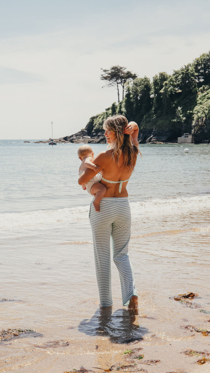 Womens Striped Towelling Wide Leg Jogging Bottoms | White & Marine