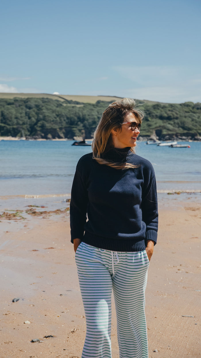 Womens Striped Towelling Wide Leg Jogging Bottoms | White & Marine