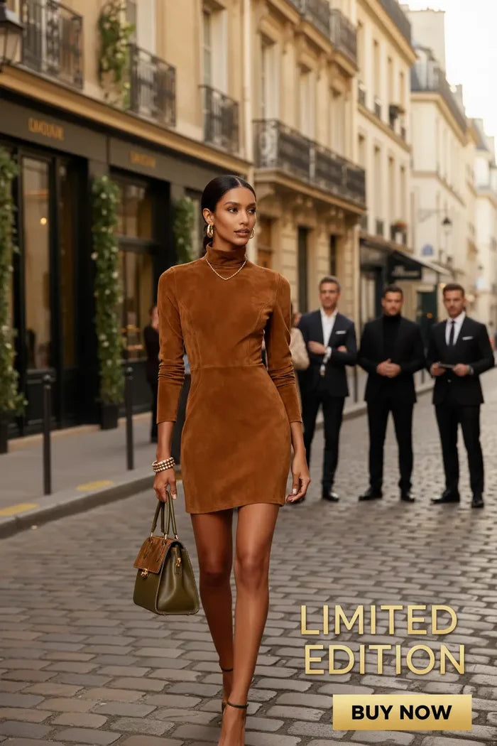 long sleeve bodycon dress suede fabric sculpted waist front view