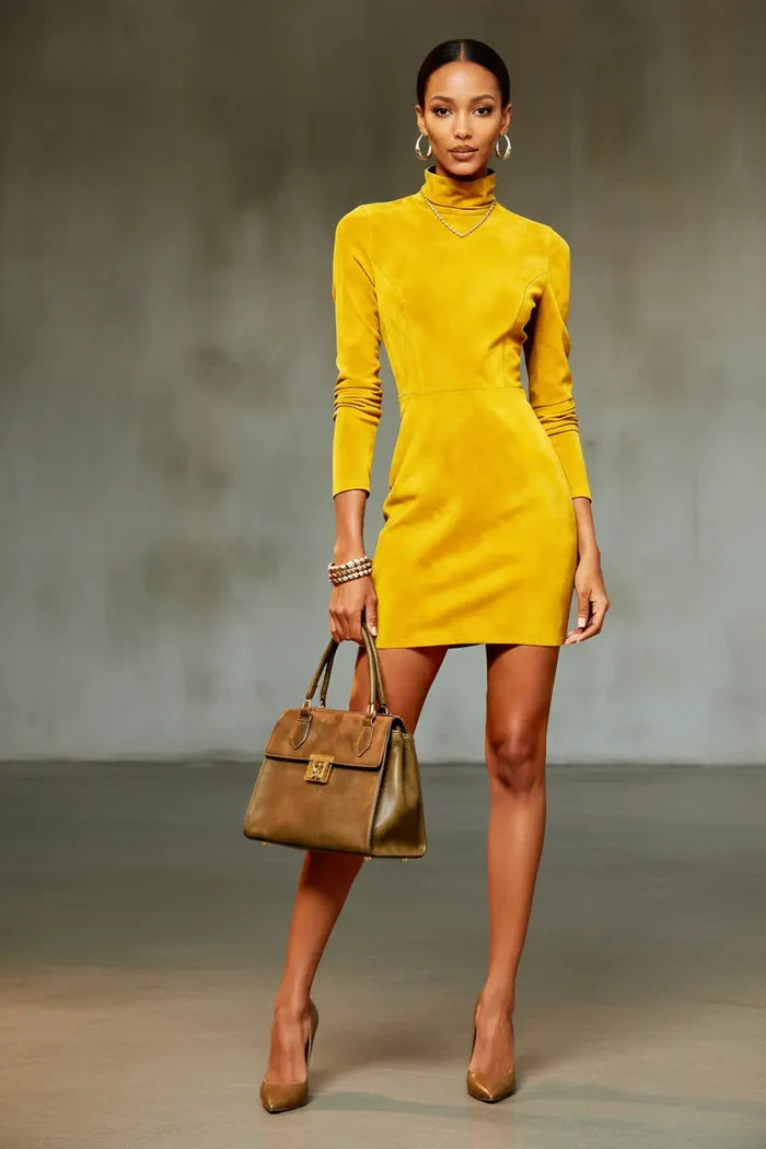 Women's Suede Turtleneck Bodycon Dress for Modern Style