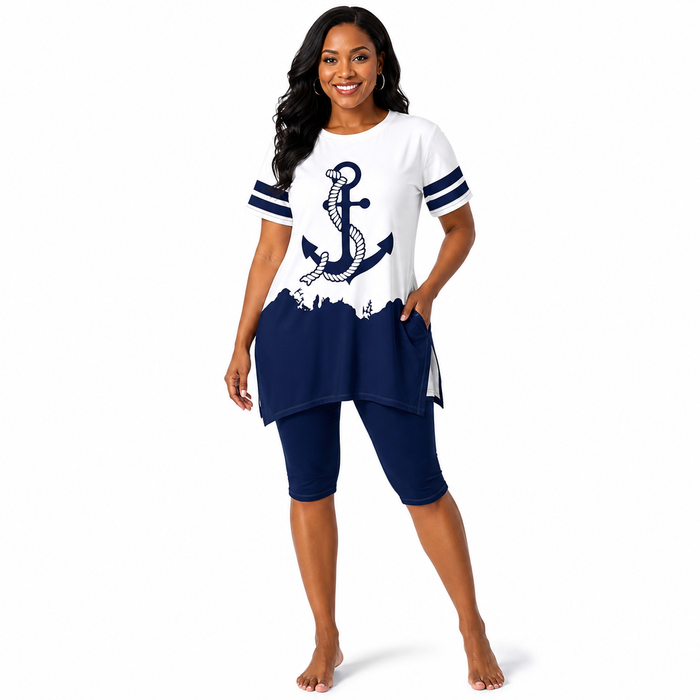 Women's printed two-piece summer set with floral T-shirt and capri pants in polyester for casual everyday wear now for women.