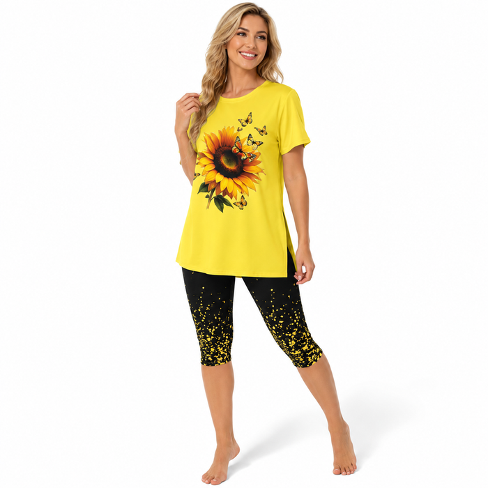 Women's floral capri set in white with printed T-shirt and matching polyester pants for relaxed summer styling now for women.