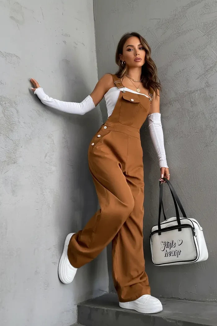 retro workwear jumpsuit back view adjustable suspender straps