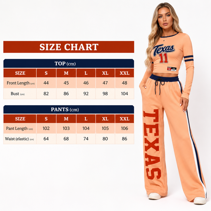 Women's gradient two piece set size chart with model reference, showing available sizes S to 2XL for guided product selection