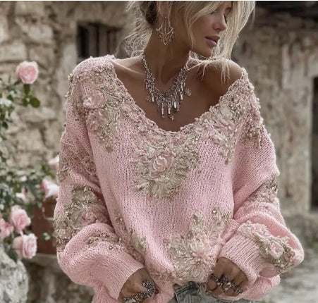 Women's V Neck Pullover Sweater for Everyday Streetwear