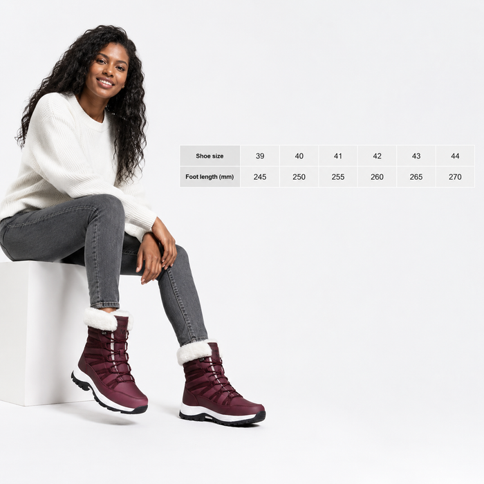 Women's fleece lined mid-calf boots size guide for checking EU sizes 36 through 42 before choosing the preferred boot option.