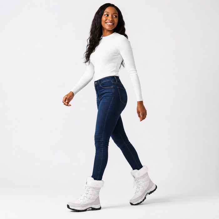Women's white fleece lined mid-calf boots shown in a walking view with lace-up fronts, round toes and relaxed winter styling.