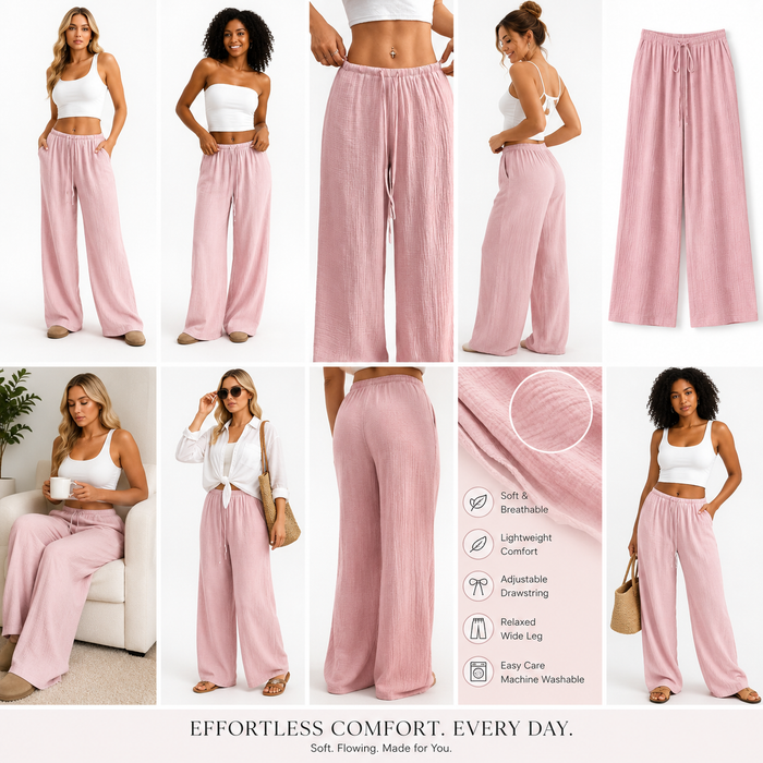 Women's pink wide leg cotton pants with a high waist and wrinkled finish for easy daily outfit planning for modern wardrobes.