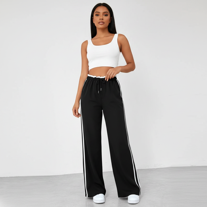 Side stripe wide leg pants with relaxed fit and pocketed design