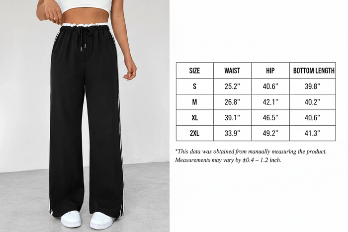 Drawstring wide leg pants shown with sporty everyday styling