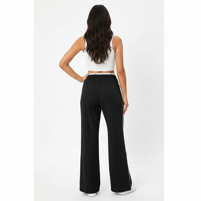 Elastic waist wide leg pants with soft stretch fabric and side stripe detail