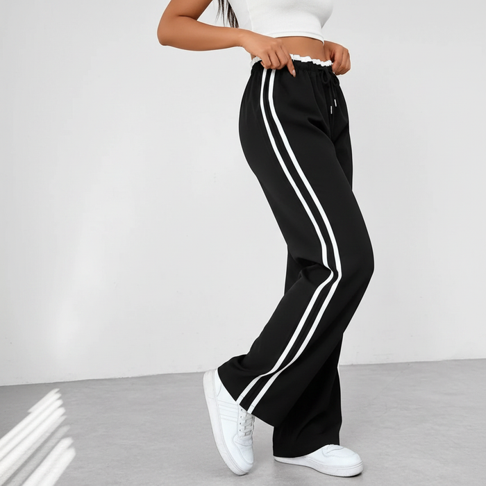 Casual side stripe pants for women styled with cropped jacket