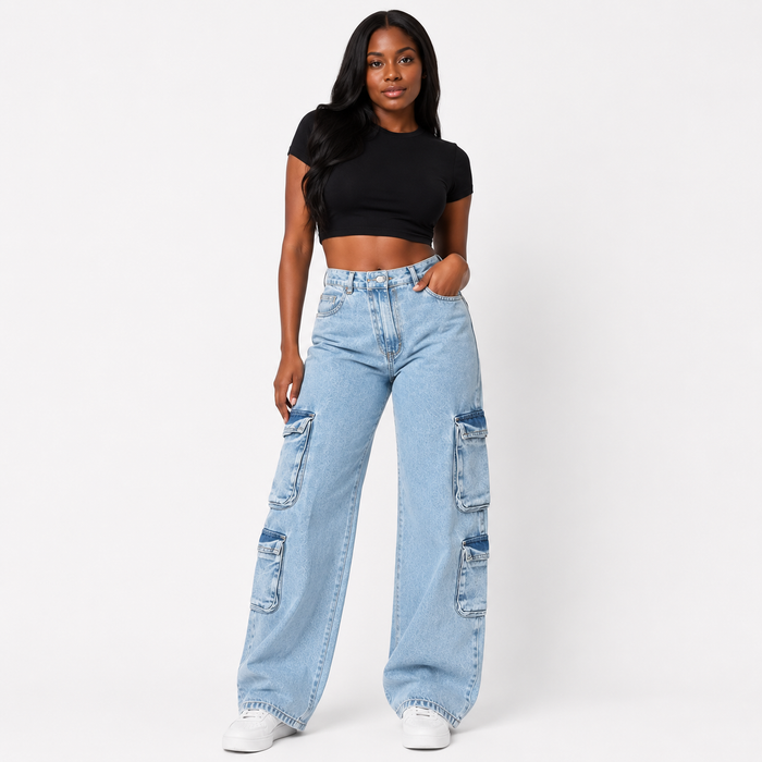 Women's workwear jeans in YK53 blue with a straight-leg silhouette and high waist, for versatile everyday streetwear outfits.