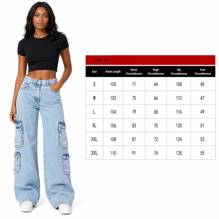 Full-length women's workwear jeans in blue polyester with a high-rise waist and straight leg for everyday streetwear styling.