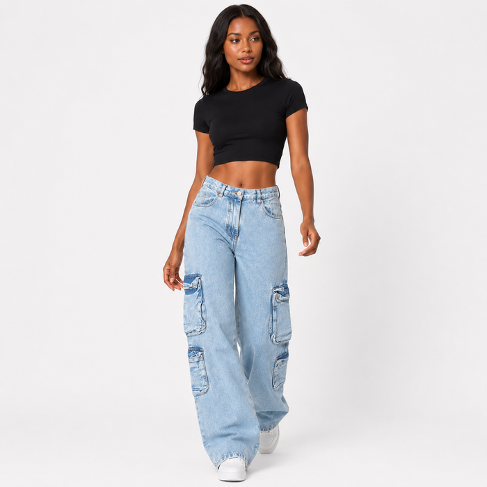 Women's distressed jeans in blue with a high waist, straight leg and slight stretch for simple outfit pairing across seasons.