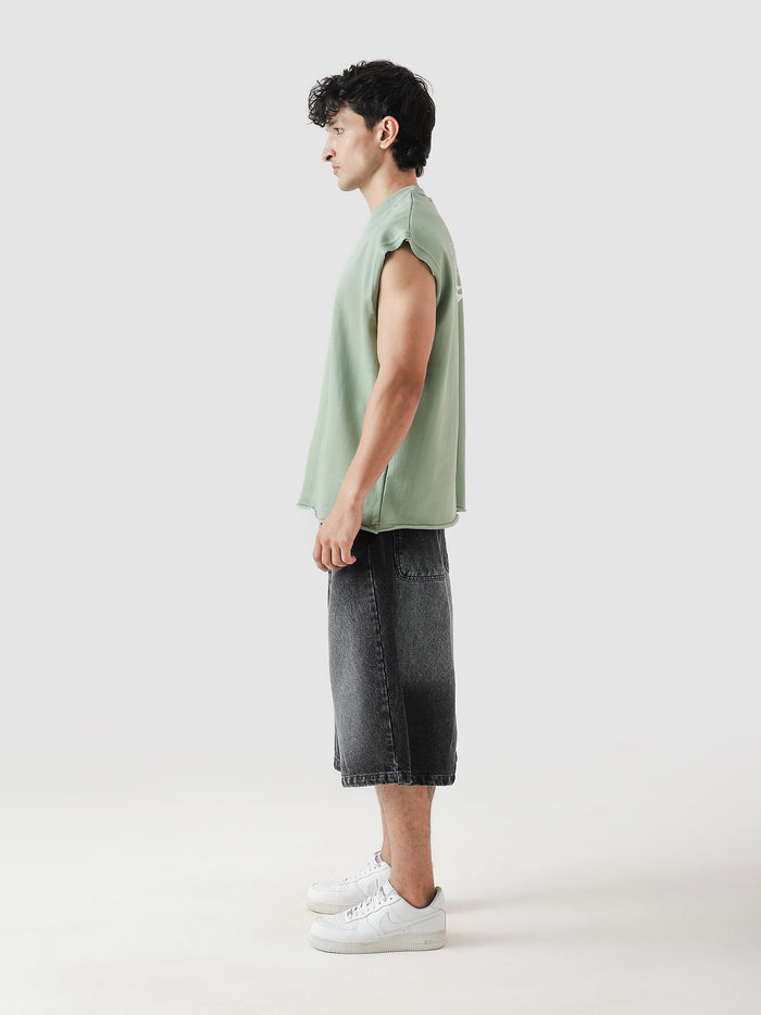 WORLDWIDE mint green sando male model back view GStudio graphic sleeveless Pakistan – GROOVY