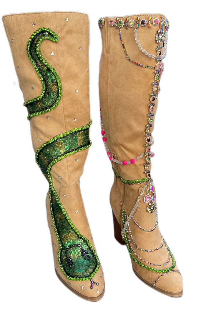 Y2K Pop Star Suede Boots with Sequin Snake and Rhinestone Detailing