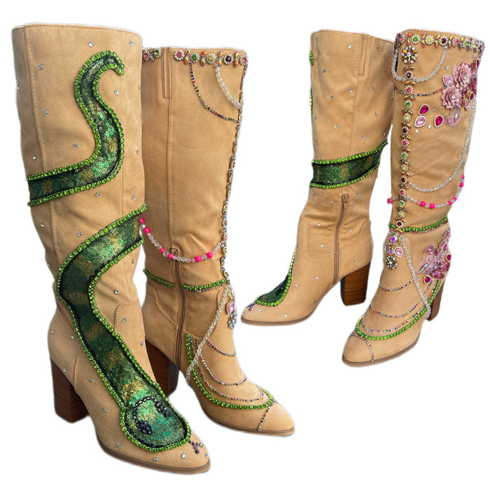 Y2K Pop Star Suede Boots with Sequin Snake and Rhinestone Detailing