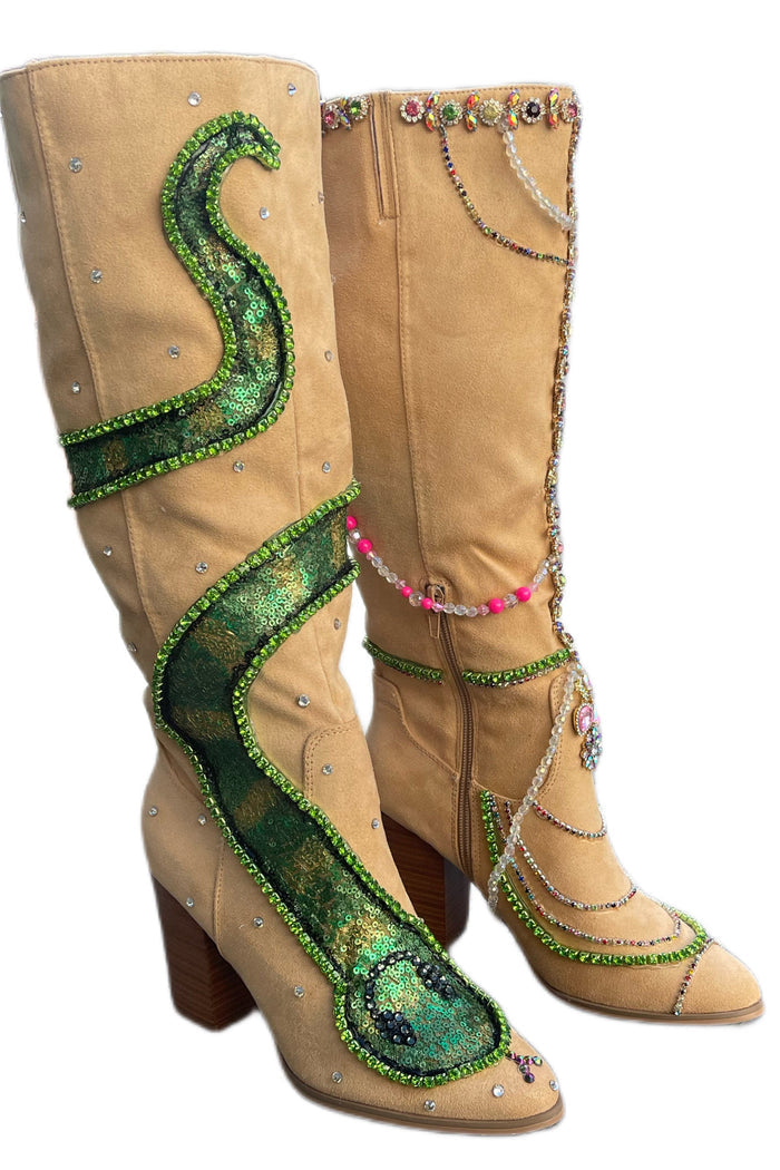 Y2K Pop Star Suede Boots with Sequin Snake and Rhinestone Detailing