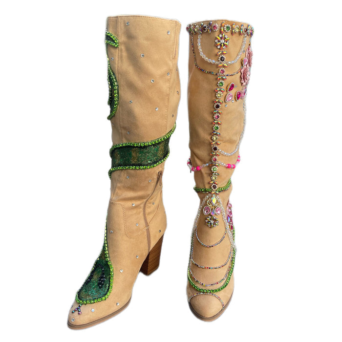 Y2K Pop Star Suede Boots with Sequin Snake and Rhinestone Detailing