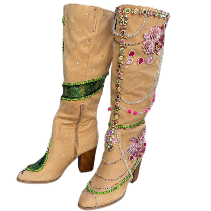 Y2K Pop Star Suede Boots with Sequin Snake and Rhinestone Detailing
