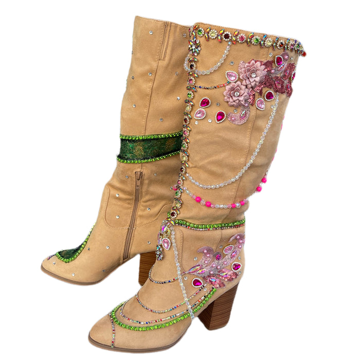Y2K Pop Star Suede Boots with Sequin Snake and Rhinestone Detailing