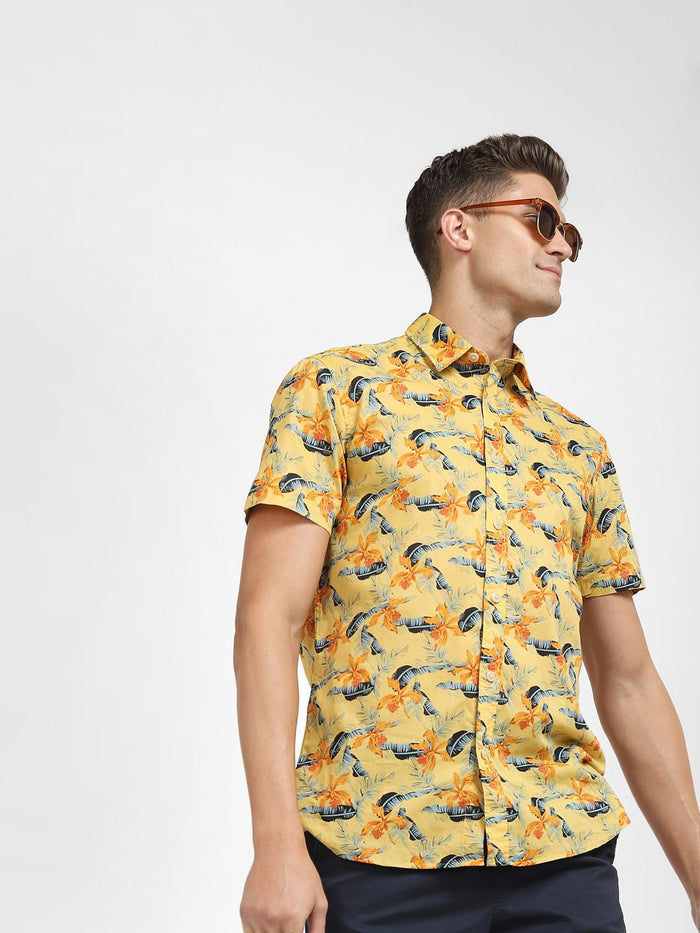 Yellow Tropical Print Short Sleeves Shirt