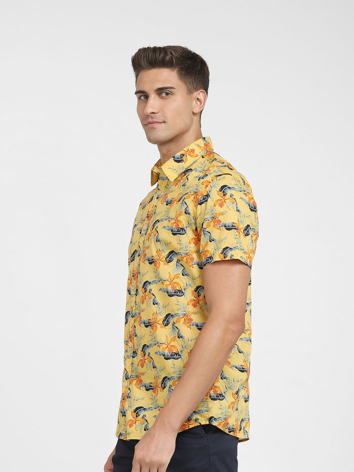 Yellow Tropical Print Short Sleeves Shirt