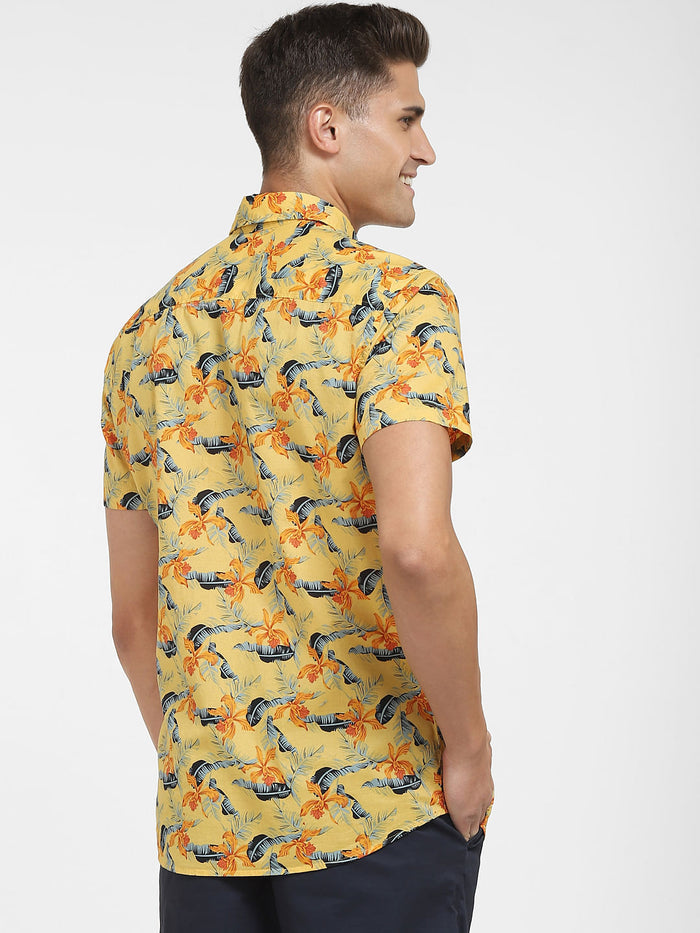 Yellow Tropical Print Short Sleeves Shirt