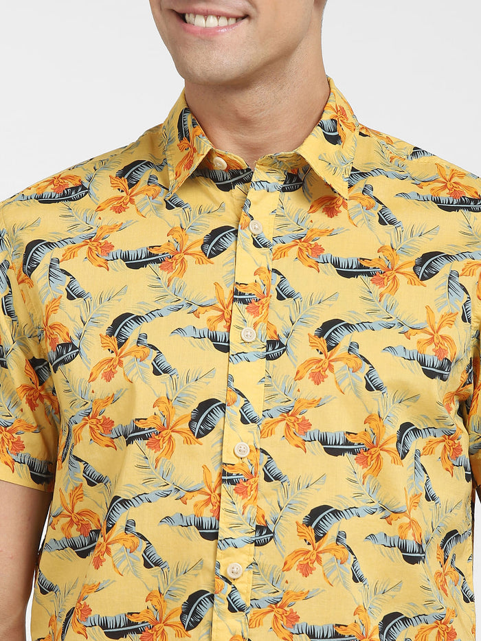 Yellow Tropical Print Short Sleeves Shirt